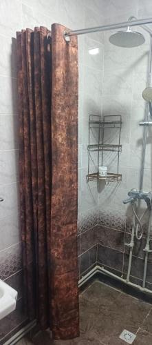 a shower with a glass door in a bathroom at Eraj Bibi Fatima in Yamchin