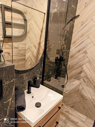 a bathroom with a sink and a shower at Park Redena Katowice/Chorzów in Chorzów