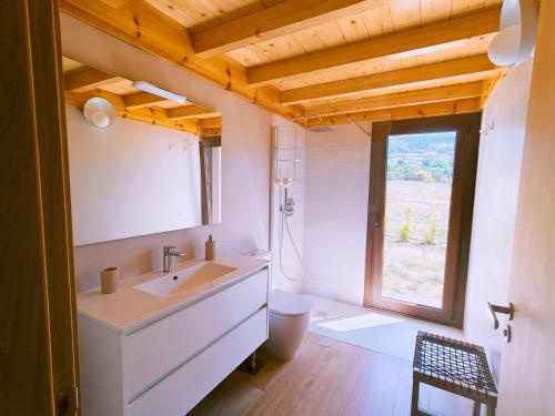 a bathroom with a sink and a toilet and a window at A casa das Ías in Tourón