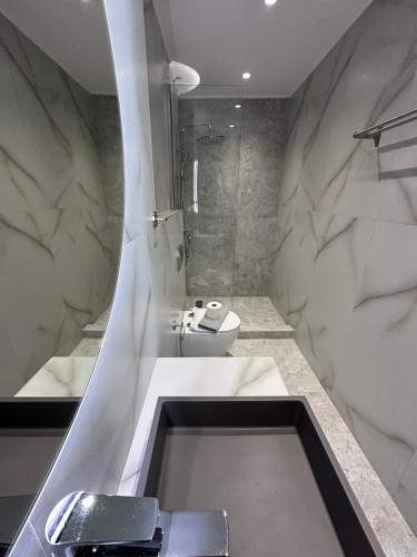 a bathroom with a shower and a toilet and a sink at Aiolis Studios in Porto Koufo