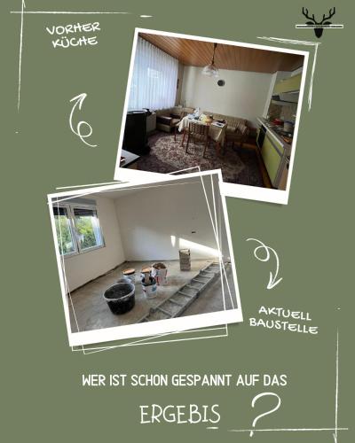 a collage of three pictures of a living room at Ferienhaus Eifelglück in Pelm