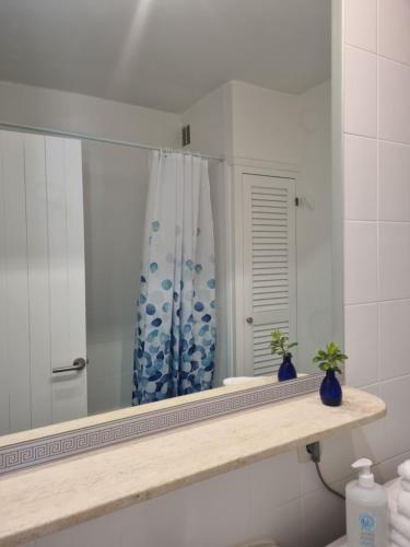 a bathroom with a mirror on a shelf and a shower at Posidonia -Son Bou Apartment in Son Bou