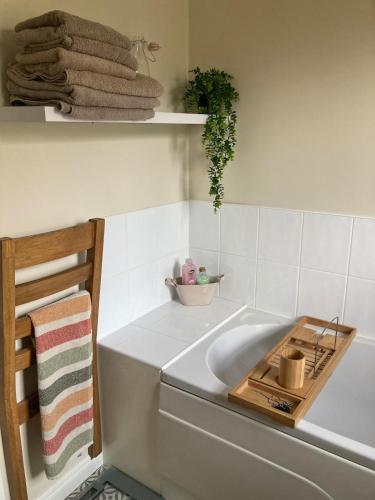 a bathroom with a sink and towels on a shelf at Murlough View in Dundrum