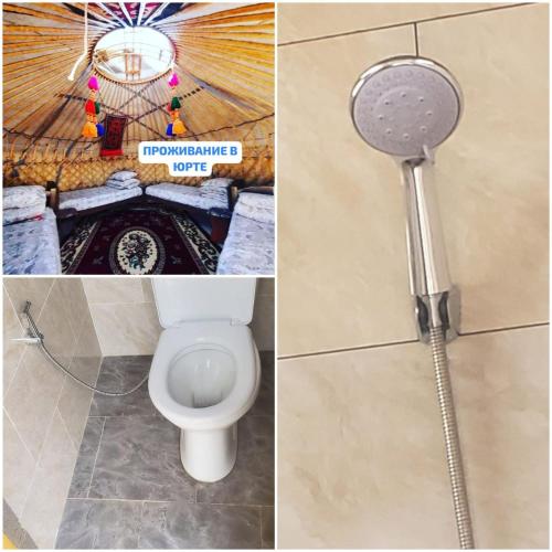 a shower head in a bathroom with a toilet at Айкол Этно Комплекс in Tong