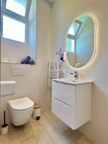 a bathroom with a toilet and a sink and a mirror at Hotel des Mimosas in Juan-les-Pins