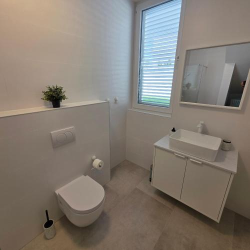 a white bathroom with a toilet and a sink at Sunrise & Sunset villa Šimuni by Pag tours in Šimuni