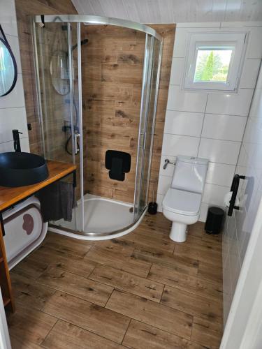 a bathroom with a shower and a toilet at Domki Letniskowe Do-Iwi in Ustronie Morskie