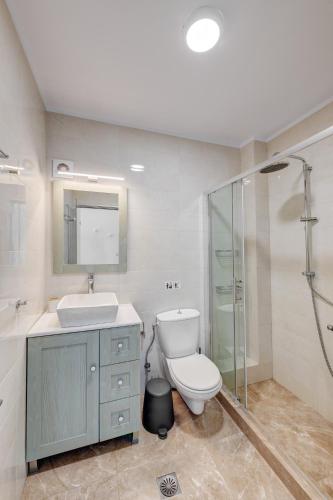 a bathroom with a toilet and a sink and a shower at Villa Marelia - Seafront villa with infinity pool in Megas Gialos - Nites