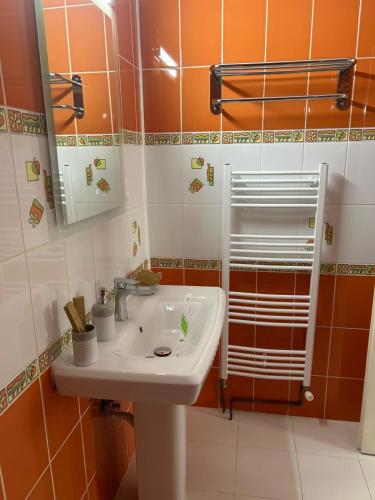 a bathroom with a sink and a mirror at Hotel Traube in Mediaş