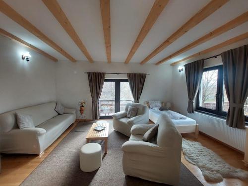 a living room with two couches and a bed at Casa Oaspeti Transfagarasan in Cârțișoara