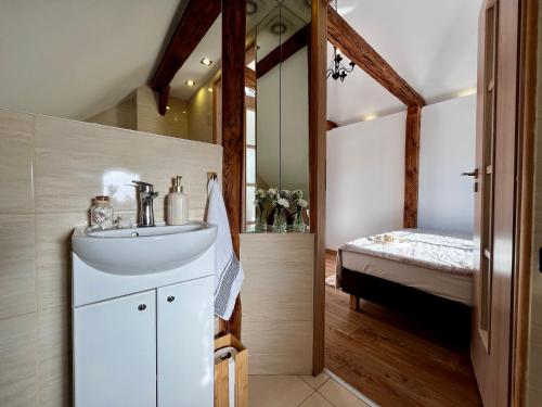a bathroom with a sink and a bed in a room at Żuławski Dom in Nowy Dwór Gdański