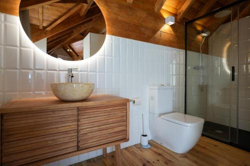 a bathroom with a sink and a toilet and a mirror at Feel Discovery Casa da Aldeia in Mós