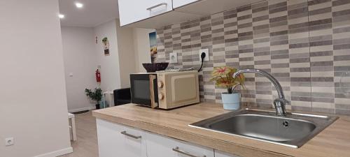a kitchen with a sink and a microwave on a counter at Villa Ti Neves - Peniche Beach Residence in Peniche