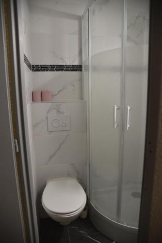 a white bathroom with a toilet and a shower at FastHotel Thionville in Thionville