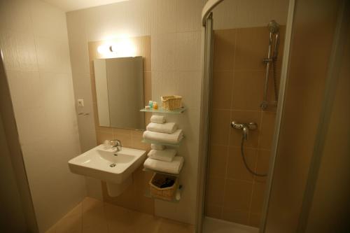 a bathroom with a sink and a shower with a mirror at Aston Hotel in Bratislava