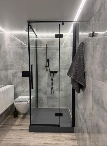 a shower with a glass door in a bathroom at Zajazd Stodoła sauna w cenie in Stronie Śląskie