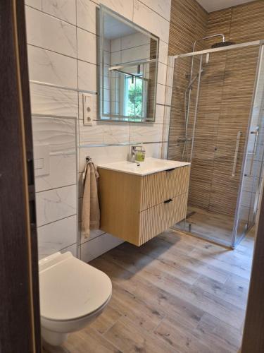 a bathroom with a sink and a shower and a toilet at Budai Garden House in Hévíz