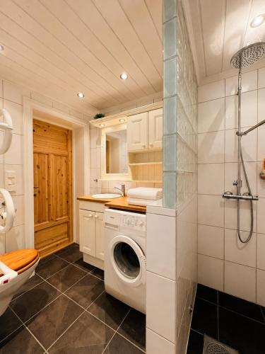 a laundry room with a washing machine and a sink at Large, cozy, and spacious cabin in Geilo, Kikut in Geilo