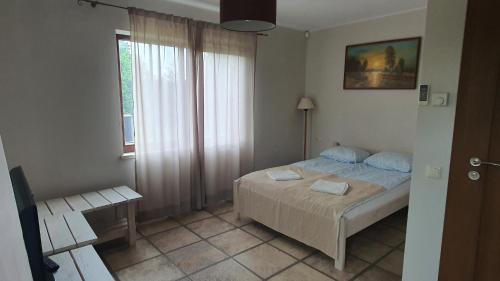a small bedroom with a bed and a window at Ežerėlių sodyba in Ažuluokesa