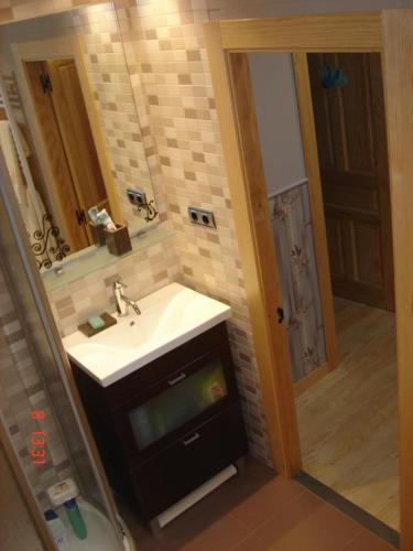 a bathroom with a sink and a mirror at La Cuadrina de Anton in Pajares