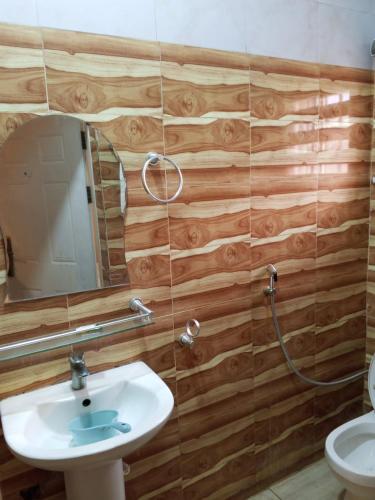 a bathroom with a sink and a mirror at Clover Apartments and suites in Abuja