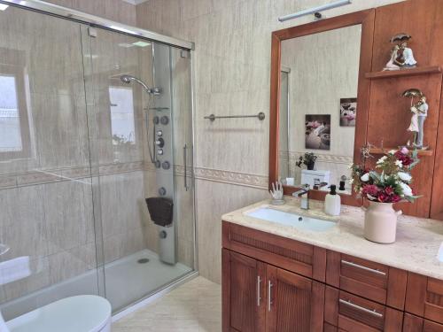 a bathroom with a shower and a toilet and a sink at Casa da Xoiña in Foz