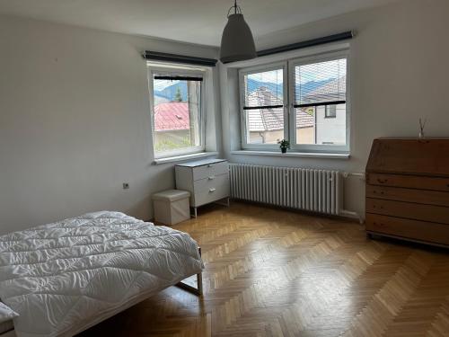 a bedroom with a bed and two windows at Byt Staré Mesto in Liptovský Mikuláš