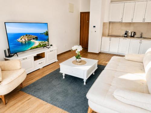 a living room with a white couch and a flat screen tv at Swiss Luxury Appartement in Dobra Voda