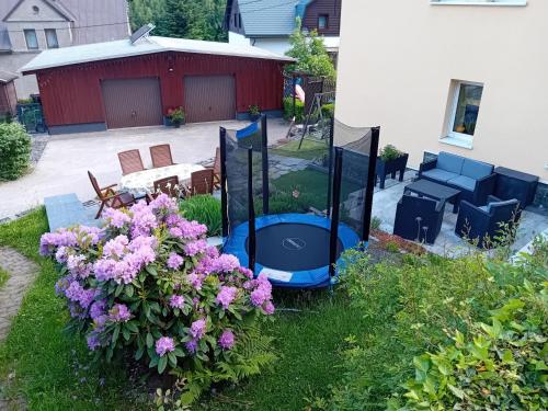 a backyard with a fire pit and some flowers at Ferienwohnung mit Garten und Spielplatz in Klingenthal