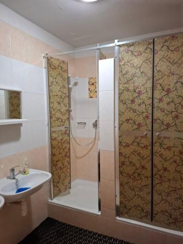 a bathroom with a shower and a sink at Privát Čujová in Hrabušice