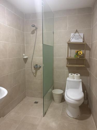a bathroom with a shower and a toilet and a sink at Yara Beach in Punta Cana