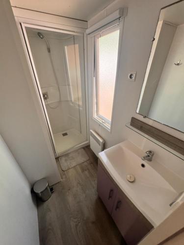 a white bathroom with a sink and a shower at Camping les sablons in Vergeroux