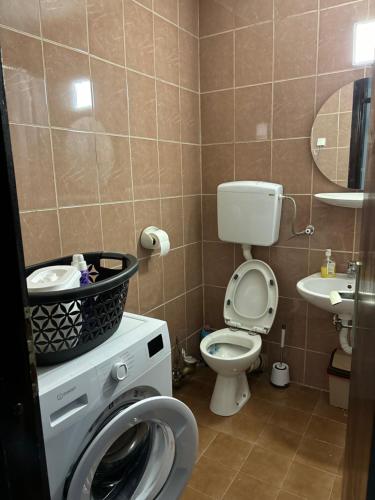 a bathroom with a toilet and a washing machine at Bar holiday apartment Kastro in Bar