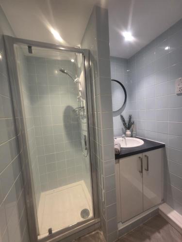 a bathroom with a shower and a sink at The Loft Studio Westbury in Westbury