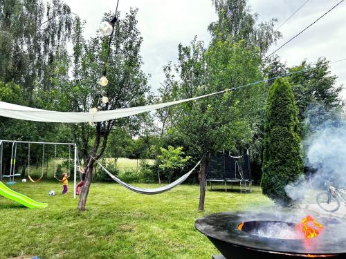 a bbq in a yard with a fire at AMA Bliss Nature & Cozy Cabin in Avrig