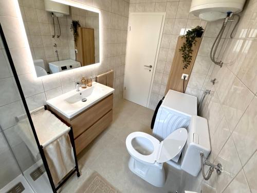 a bathroom with a toilet and a sink and a mirror at Dalmatinac Residence in Orebić