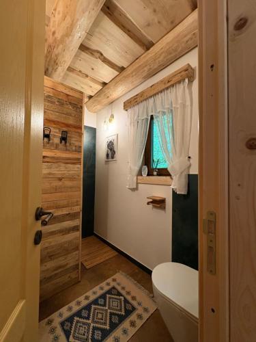 a bathroom with a toilet and a window at Pompei Village in Cojocani