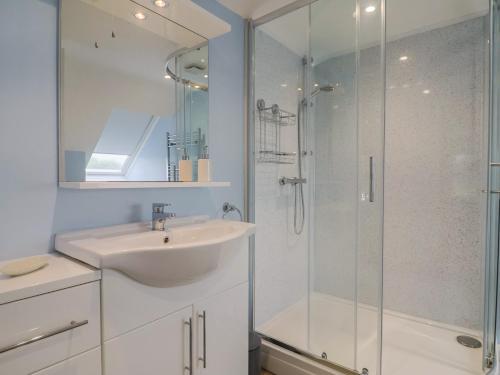 ein weißes Badezimmer mit Waschbecken und Dusche in der Unterkunft Frome View in Wareham