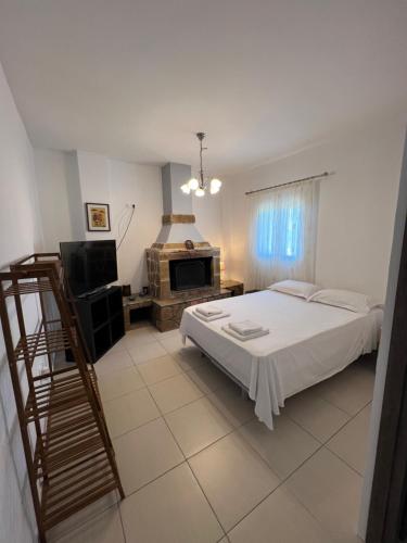 a bedroom with a bed and a fireplace at Zmarias 1 in Perakhórion
