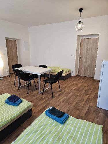 a room with two beds and a table and chairs at Studio Klicperova in Chlumec nad Cidlinou