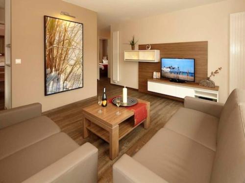 a living room with a couch and a tv at Dünenhaus Aurell, App 4 mit Sauna in Heringsdorf