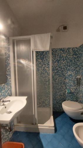 a bathroom with a shower and a sink and a toilet at Residence Danubio in San Benedetto del Tronto