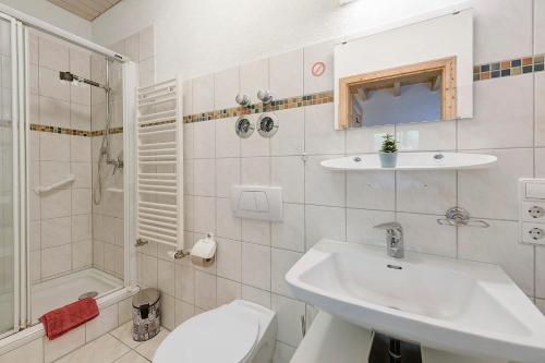 a bathroom with a sink and a toilet and a shower at Charming Lakenear Apartment in Sipplingen