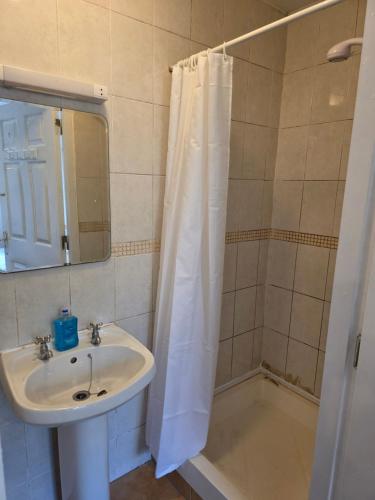 a bathroom with a sink and a shower curtain at Alex in Castlerea