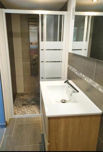 a bathroom with a sink and a shower at Chrisme in Saint-Hilaire-Fontaine