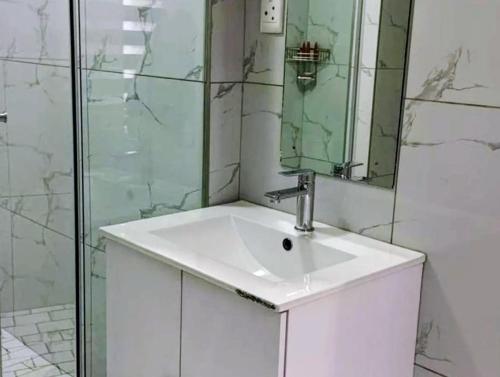 a bathroom with a sink and a mirror at Victoria City Lodge in Pretoria