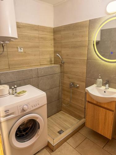 a washing machine in a bathroom with a shower at Κουρείον Kourion in Agios Vlasios