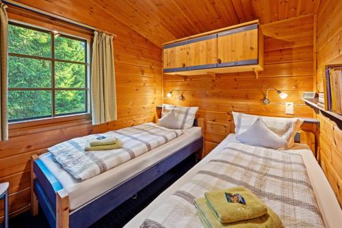 two beds in a room with wooden walls and windows at Ortheide 67 in Böddenstedt