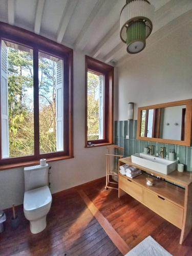 a bathroom with a toilet and a sink and a mirror at Villa Eliane - parking privé in Étretat