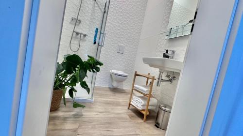 a bathroom with a toilet and a sink and a plant at Apartmány Benešov in Benešov nad Ploučnicí